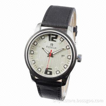 Stainless steel watch with genuine leather band, our own brand, for men